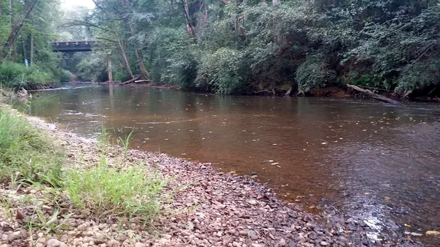 A calm stretch of Autauga Creek with a grassy pebble bank and a road bridge in the distance