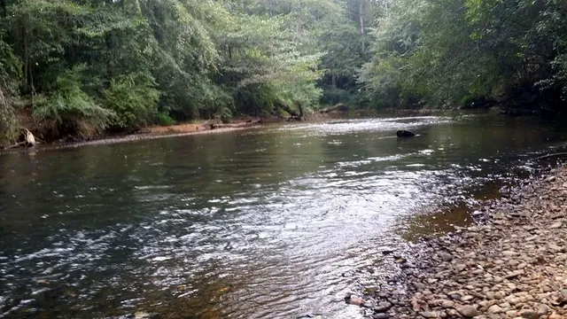 Clear, rippling water flowing past a wide pebble bar on Autauga Creek